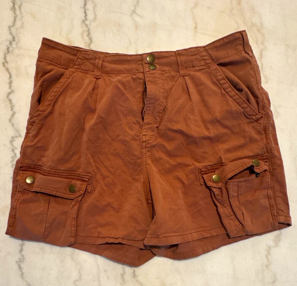 Pilcro Women Brown Twill Cotton Cargo Shorts Mid Rise 32W Pockets 0122
